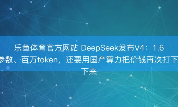 乐鱼体育官方网站 DeepSeek发布V4：1.6T参数、百万token，还要用国产算力把价钱再次打下来